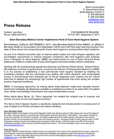 Saint Barnabas Medical Center Implements Point of Care Hand Hygiene System