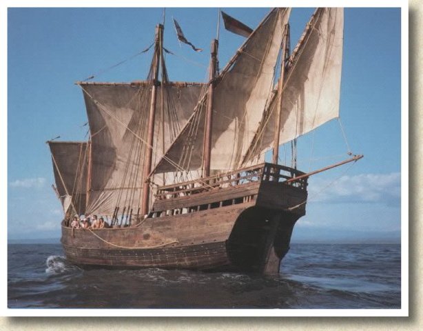 Columbus sails on new ship design, called a caravel, to discover the Americas
