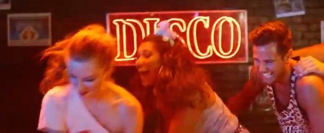 The disco sign and rollerblading.