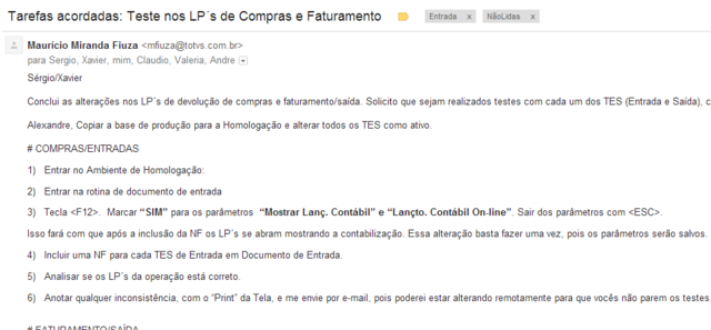 Tarefas acordadas - Teste nos LP´s de Compras e Faturamento