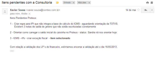 Itens pendentes com a Consultoria