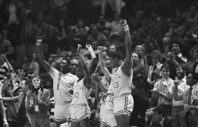 Georgetown wins its first NCAA basketball championship by defeating Houston 84-75 in the final. The Hoyas` 34 victories were the most since the 36 registered by Kentucky in 1947-48.