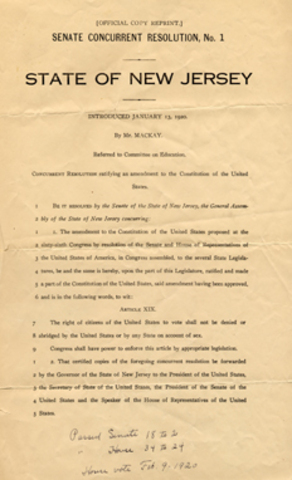 New Jersey Ratification of the 19th Amendment to the U. S. Constitution