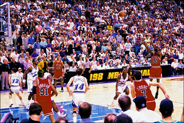 With Chicago trailing by three points, Michael Jordan scored on a drive, stripped the ball from Karl Malone, and then -- with 5.2 seconds left -- buried the game-winning shot.