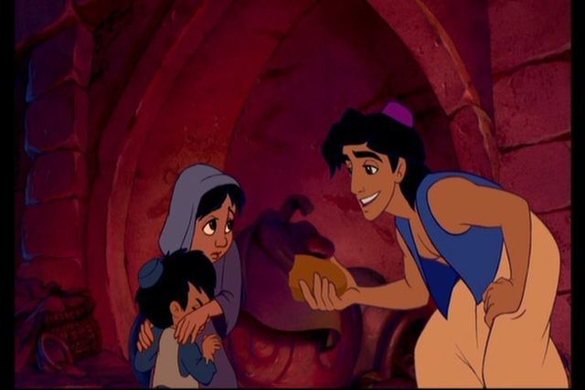 Aladdin steals bread then gives it to kids and sings about being poor.