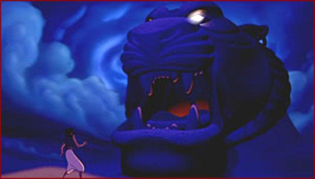 Aladdin is tricked by Jafar into entering the tigers mouth to find the lamp.