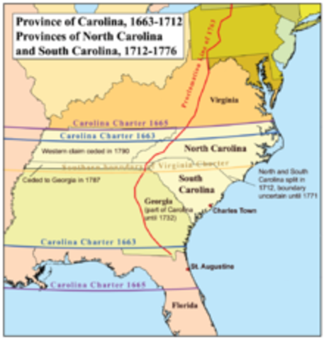 North Carolina and South Carolina divided into two colonies.