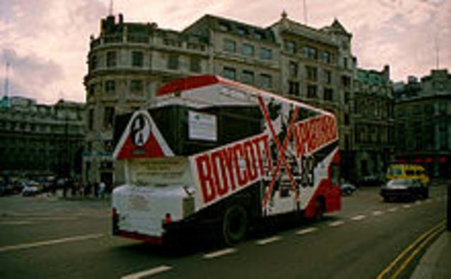 "Boycott apartheid" bus in London during 1989