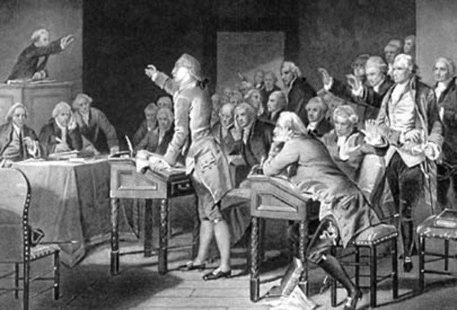 In May 1765, Patrick Henry, who would become one of the American Revolution's greatest ideological leaders, delivered a speech to the Virginia House of Burgesses denouncing the new British Stamp Act