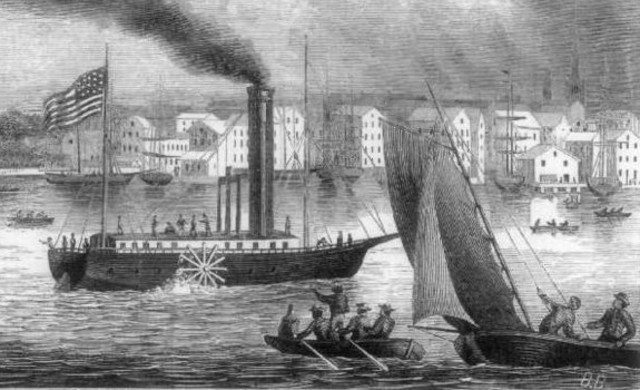 Robert Fulton took his own designed flat-bottomed steam boat from New York Harbour to Albany after 32 hours voyage and succeded first shipping voyage.