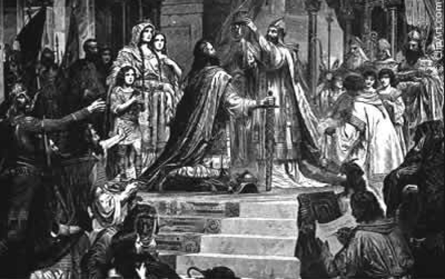 Charlemagne and his brother inherit Frankis kingdom.
