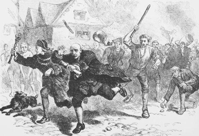 Boston mob attacks stamp act taxer