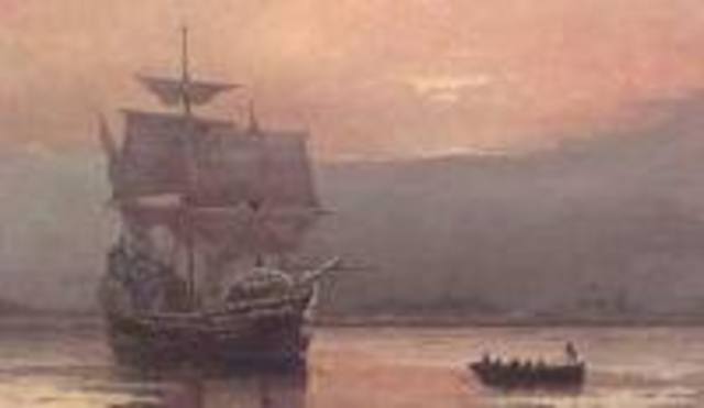 The Mayflower lands at Plymouth Rock, Massachusetts