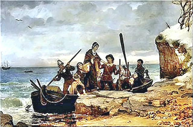 The mayflower lands at Plymouth Rock, Massachusetts