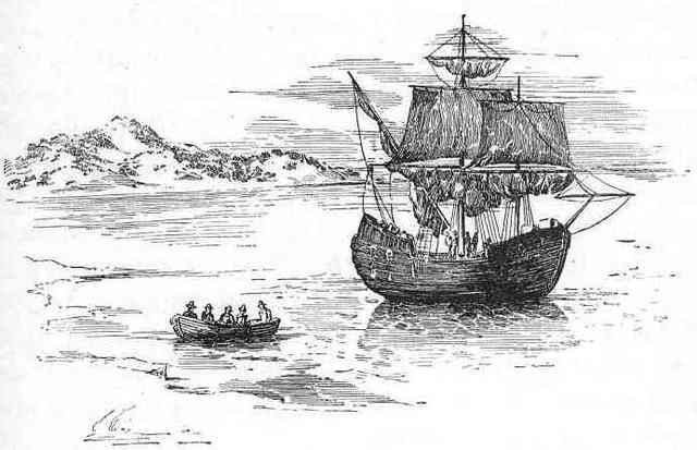 The Mayflower lands at Plymouth Rock, Masachusetts