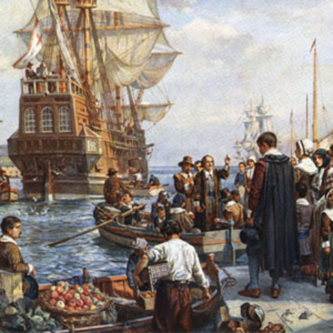 The Mayflower lands at Plymouth Rock, Massachusetts