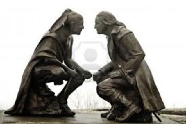 Washington and Guyasuta make a treaty at Forks of the Ohio