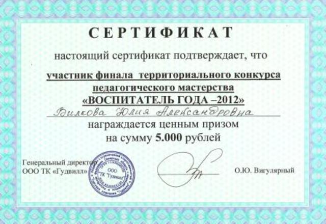 Сертификат Вилковой Ю. А.
