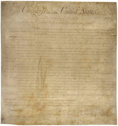 Ten of Madison’s 12 amendments are ratified by the states. These become known as the Bill of Rights.
