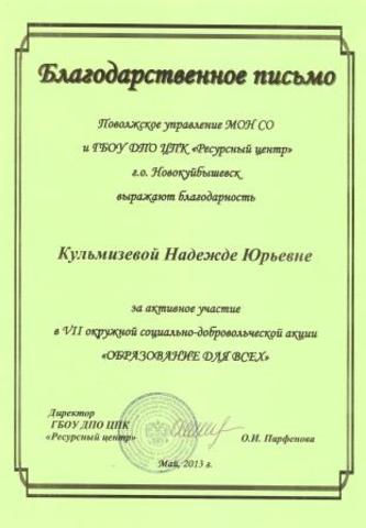 Благодарственное письмо Кульмизевой Н. Ю.