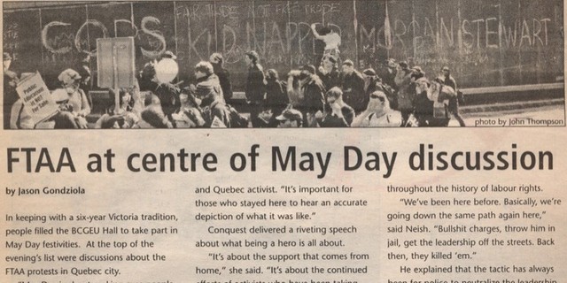 40,000 union activists and allies protest the Free Trade Area of the Americas in Quebec City, Canada, the largest anti-globalization mobilization to date.