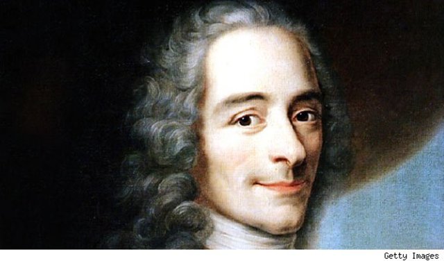 He adopts the pen name "Voltaire".