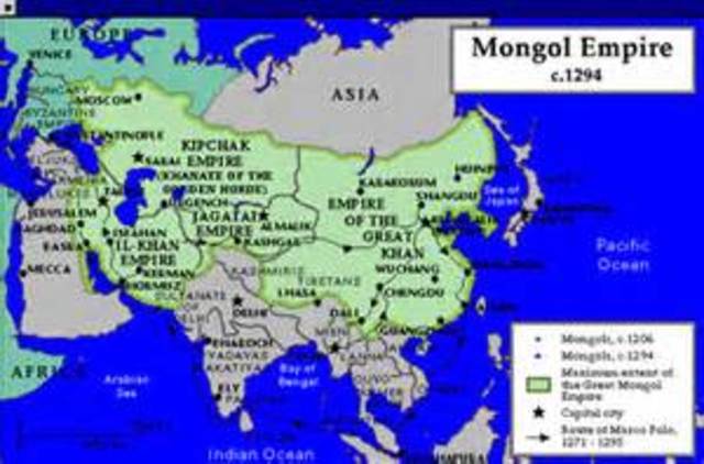 As Kublai Khan dies, the Mongol Empire stretches from the modern-day Poland to Korea, split into four great knanates or states. Soon after Kublai Khan's death, the rulers of the central Asain khanates convert to Islam