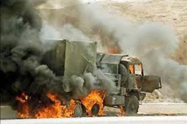 UNHCR truck hit by a mine.