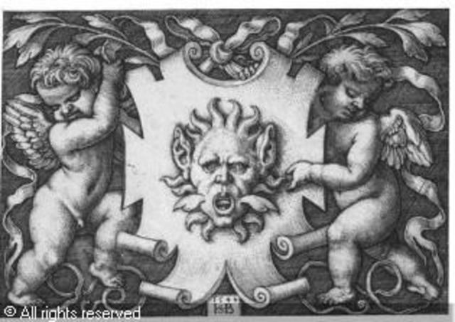 A MASK HELD BY TWO GENII