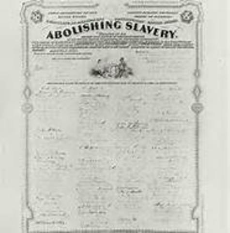 The thirteenth amendment is ratified in the constitution, completely abolishing all slavery.