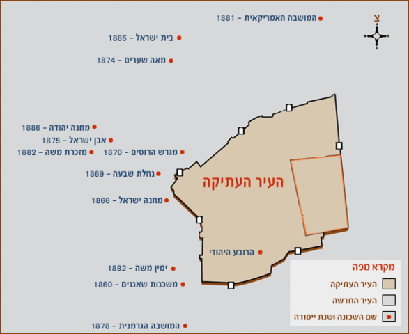 מפת השכונות הראשונות מחוץ לחומות