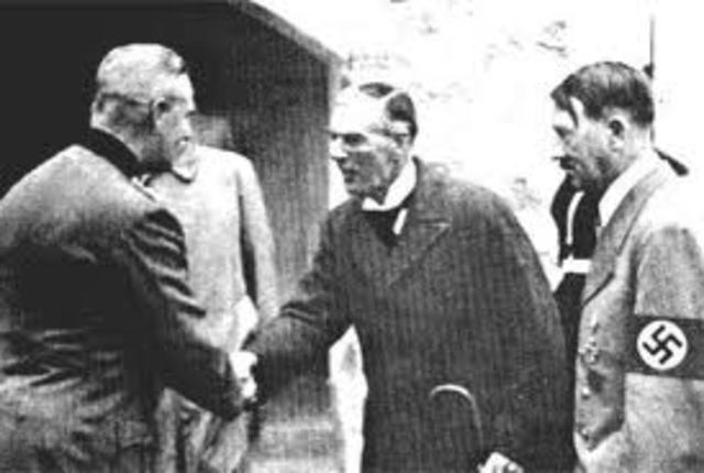 Germany, Italy, Great Britain, and France sign the Munich agreement which forces the Czechoslovak Republic to cede the Sudetenland, including the key Czechoslovak military defense positions, to Nazi Germany.