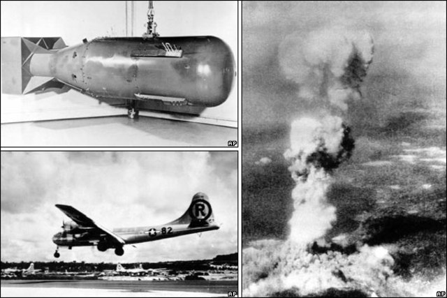 The Enola Gay dropped an atomic bomb on Hiroshima, Japan.