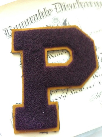 One of James' varsity letters. The P Stands for Purgolder