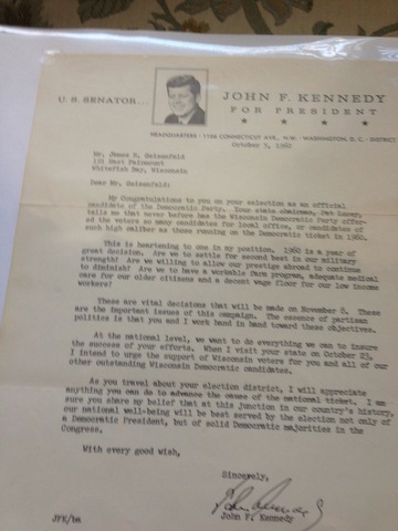 James' letter from JFK, who at the time, was running for president at the time
