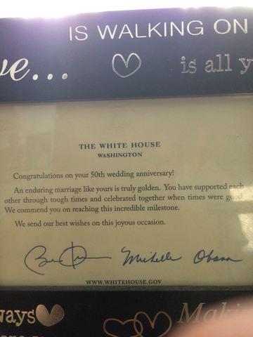 James' letter from President Obama, and the First Lady, Michelle Obama, congratulating he and his wife Beverly on 50 years of marriage
