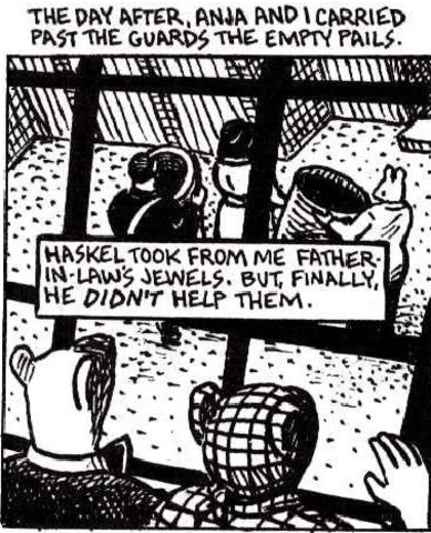 Hashel helps Lolek, Vladek, and Anja escape vans to Auschwitz