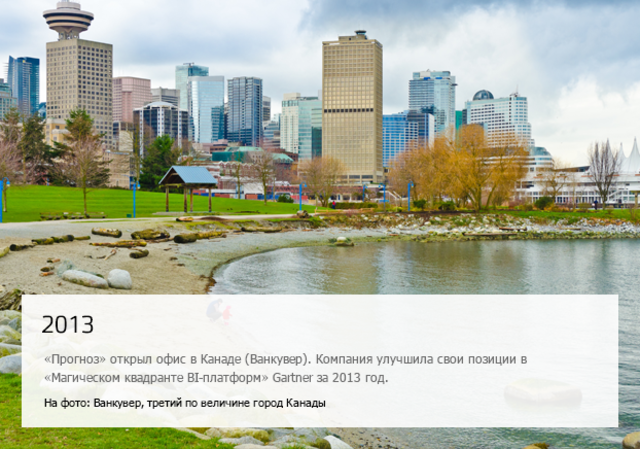 "Прогноз" открыл офис в Канаде (Ванкувер).Компания улучшила свои позиции в "Магическом квадранте BI-платформ" Gartner за 2013 год.