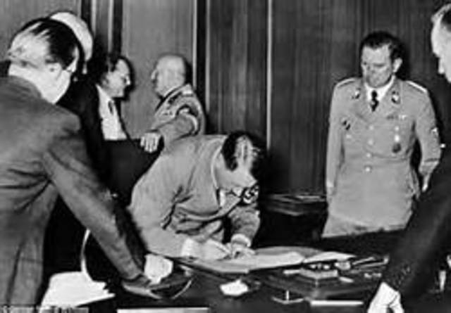 Munich Pact signed giving the Sudetenland of Czechoslovakia to Germany