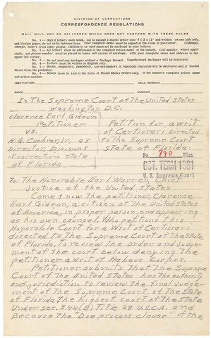 Gideon writes to the U.S. Supreme Court