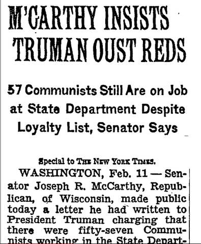 McCarthy declares presence of 57 Communists in State Department