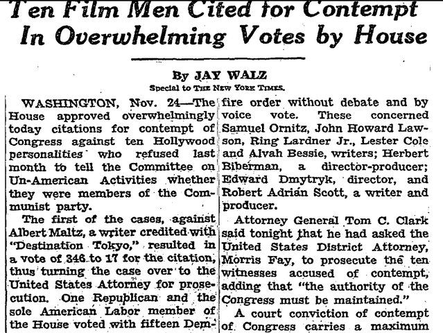 Hollywood Ten cited for contempt