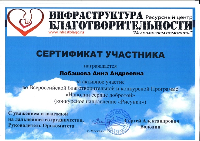Сертификат Лобашовой Анны Андреевны