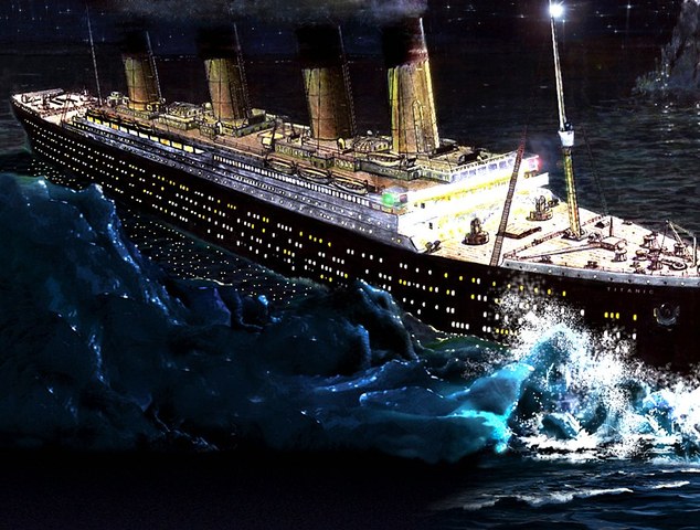 At 11:40 the lookouts spot an iceberg, but the Titanic still hits.