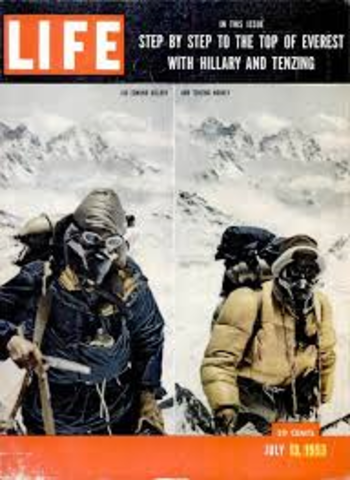 Edmund Hillary of New Zealand and Tenzing Norgay of Nepal reach top of Mt. Everest