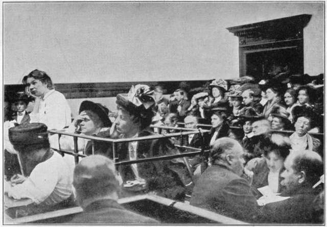 Christabel, Mrs. Drummond and Mrs. Pankhurst in the dock, First Conspiracy Trial