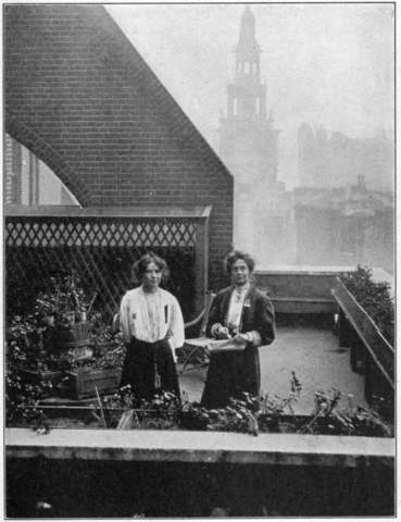 Mrs. Pankhurst and Christabel hiding from the police n the roof garden at Clements Inn