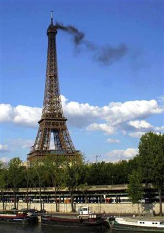 A fire damaged the top of the tower.