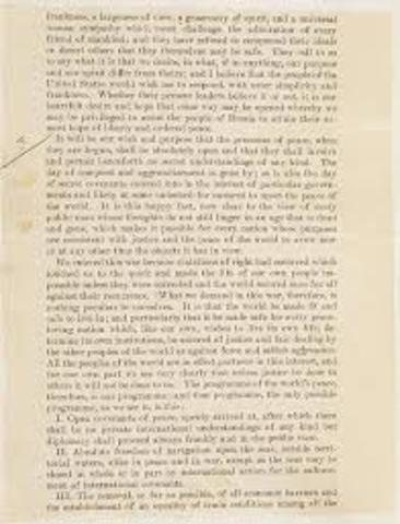 U.S. President Woodrow Wilson issues his Fourteen Points to peace.
