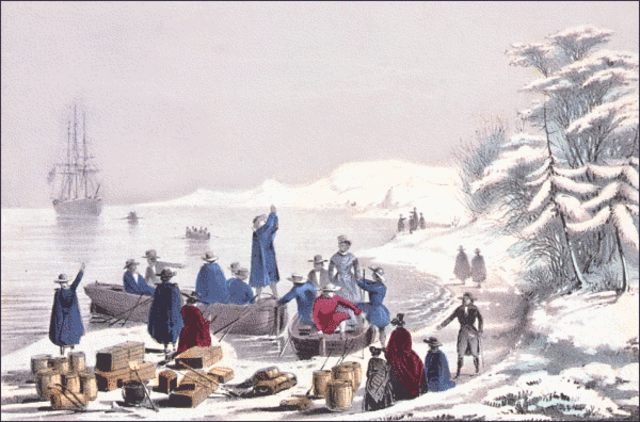 The Mayflower lands at Plymouth Rock, Massachusetts.